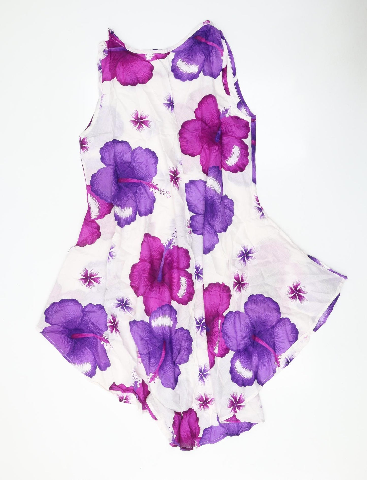 Preworn Womens White Floral 100% Cotton Tank Dress One Size Boat Neck Pullover