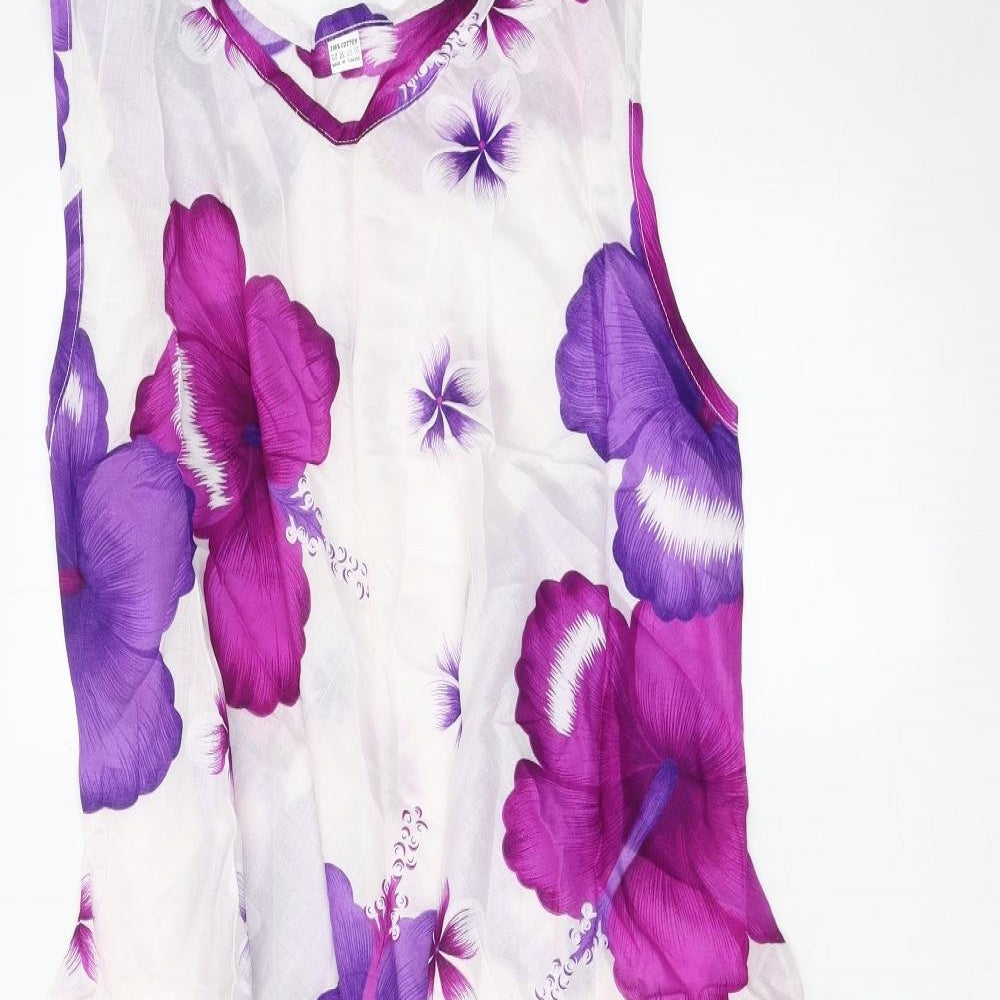 Preworn Womens White Floral 100% Cotton Tank Dress One Size Boat Neck Pullover