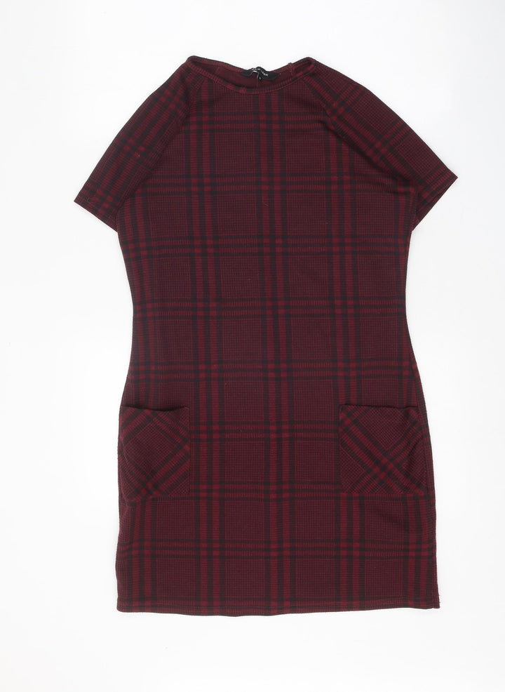 New Look Womens Red Plaid Polyester Shift Size 8 Round Neck Pullover