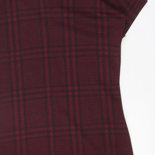 New Look Womens Red Plaid Polyester Shift Size 8 Round Neck Pullover