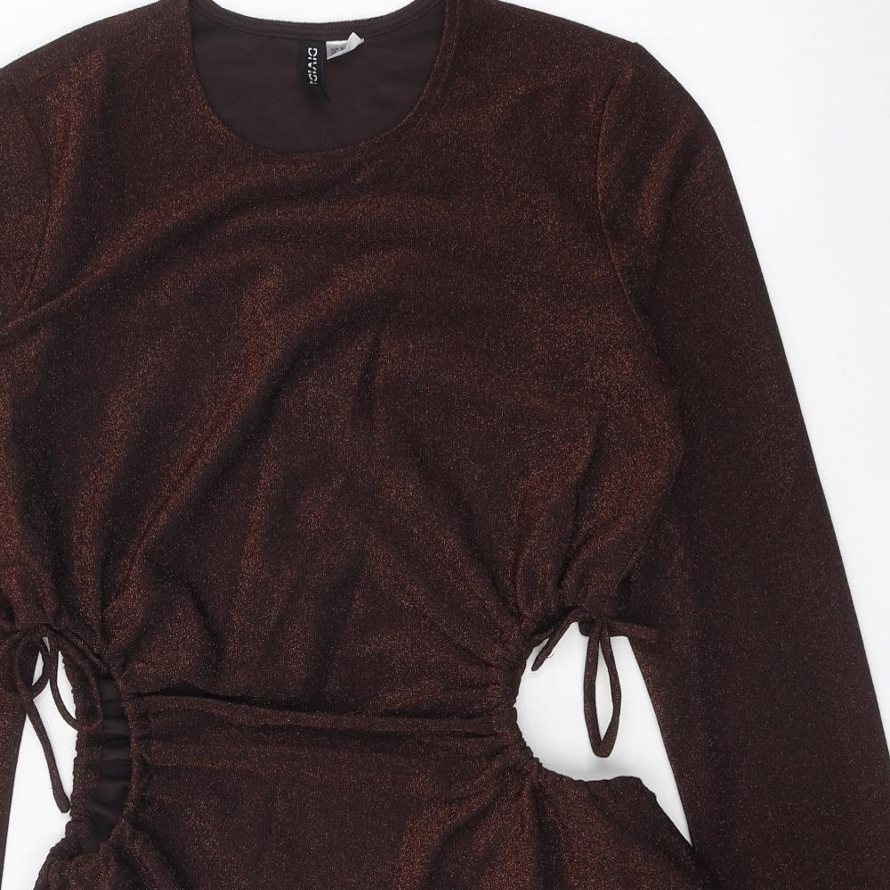 Divided Womens Brown Polyester Mini Size M Round Neck Drawstring