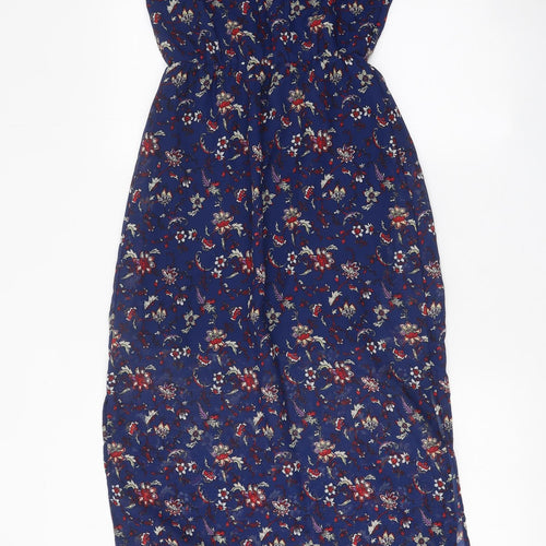 Divided Womens Blue Floral Polyester Slip Dress Size 4 Square Neck Button
