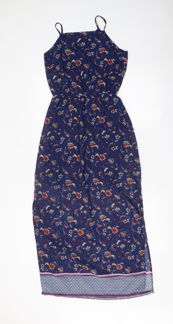 Divided Womens Blue Floral Polyester Slip Dress Size 4 Square Neck Button
