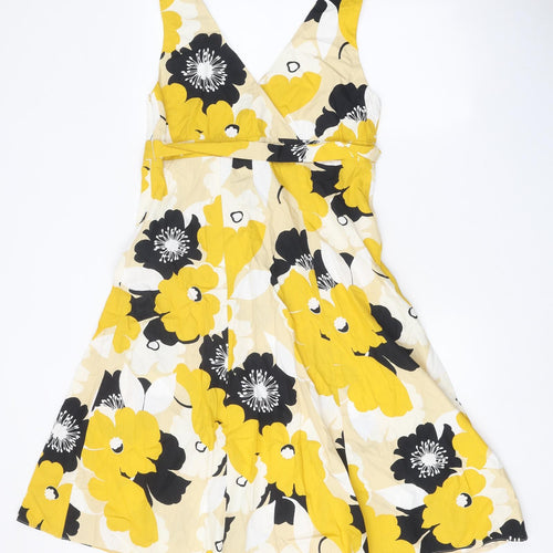 Preworn Womens Yellow Floral Polyester Skater Dress One Size V-Neck Zip