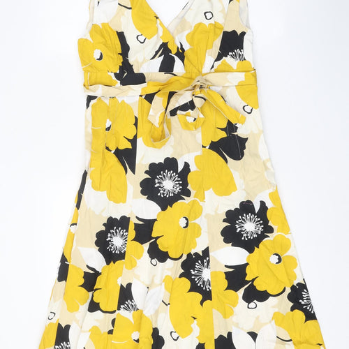 Preworn Womens Yellow Floral Polyester Skater Dress One Size V-Neck Zip