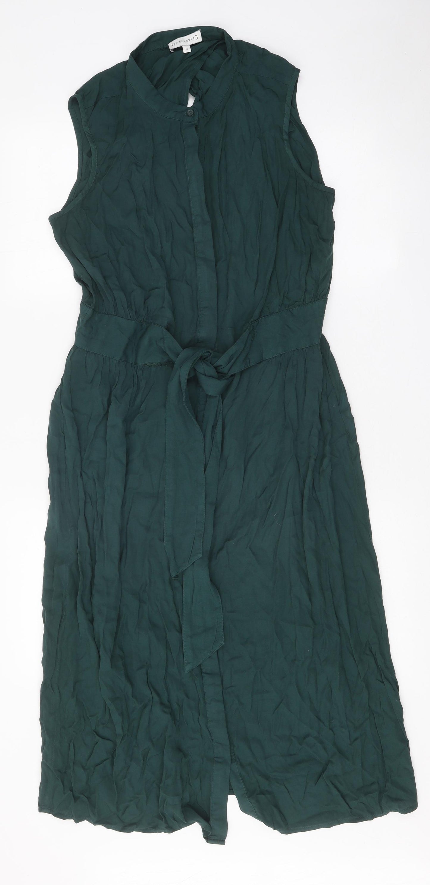 Warehouse Womens Green Viscose Trapeze & Swing Size 12 Round Neck Button