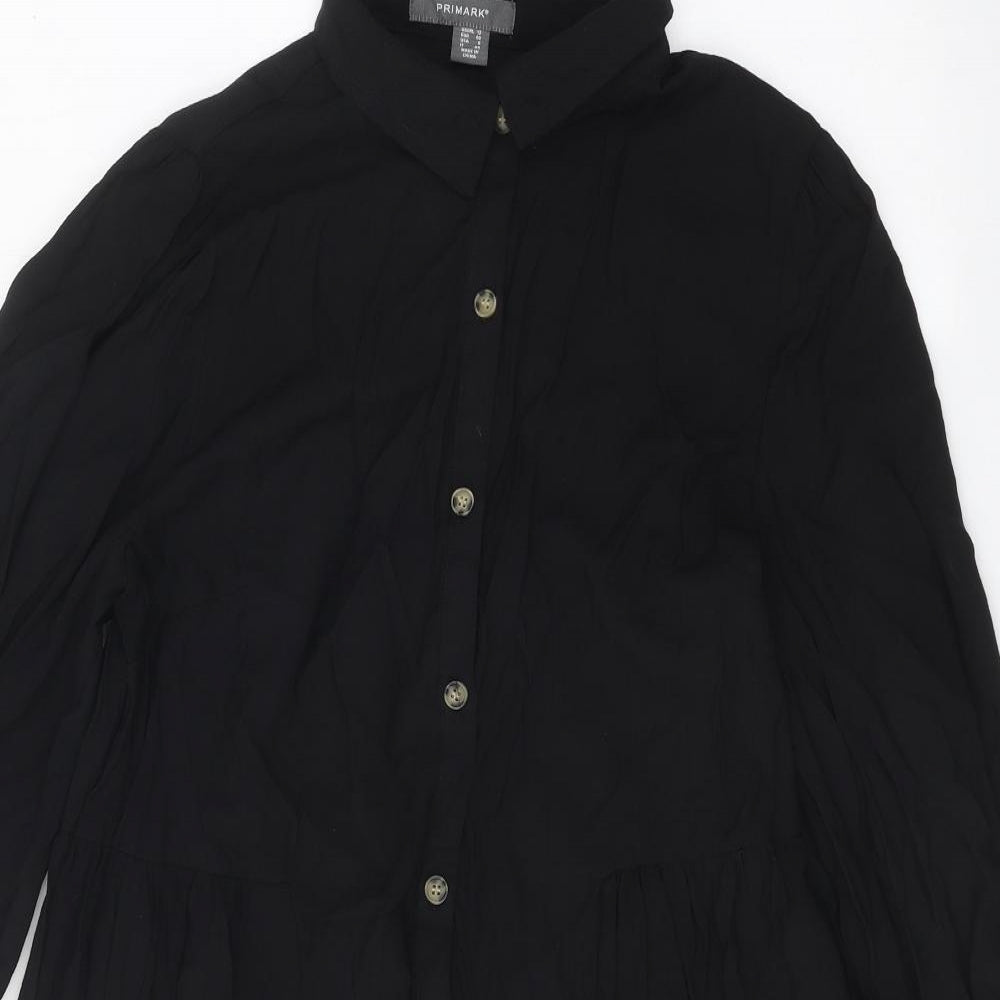Primark Womens Black Viscose Shirt Dress Size 12 Collared Button
