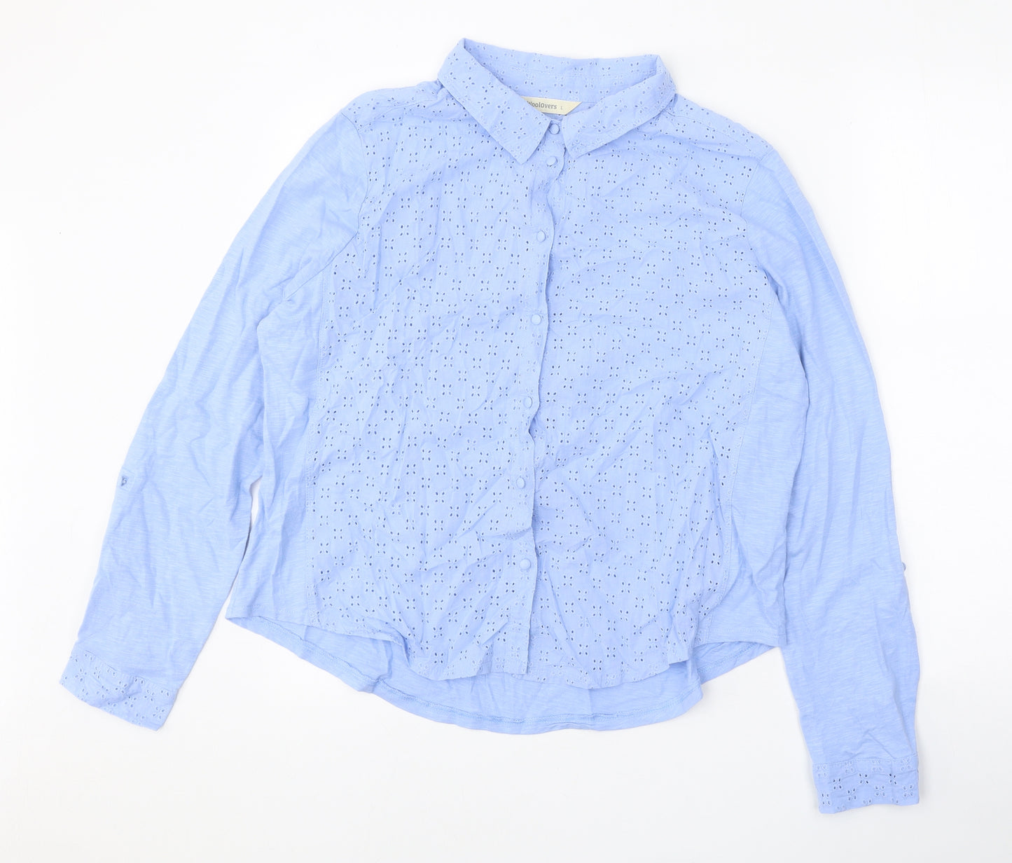 Woolovers Womens Blue 100% Cotton Basic Button-Up Size L Collared - Broderie Anglaise