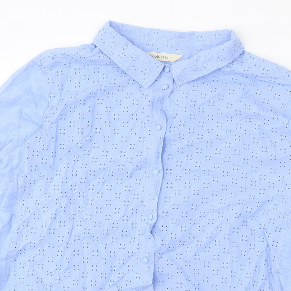 Woolovers Womens Blue 100% Cotton Basic Button-Up Size L Collared - Broderie Anglaise