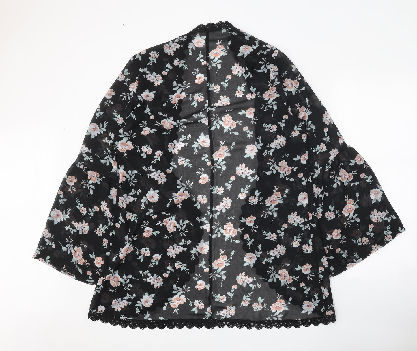 SheIn Womens Black Floral Polyester Kimono Blouse Size XL V-Neck - Lace Trim