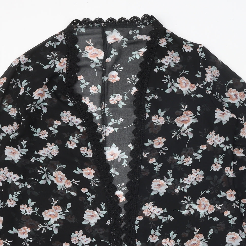SheIn Womens Black Floral Polyester Kimono Blouse Size XL V-Neck - Lace Trim