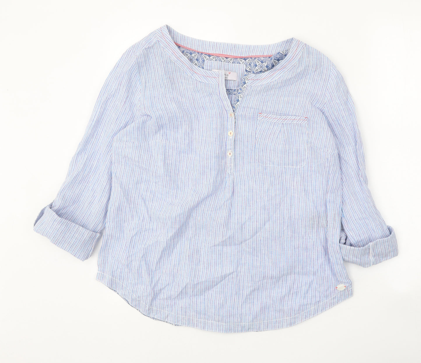 Per Una Womens Blue Floral Linen Basic Blouse Size 12 Boat Neck