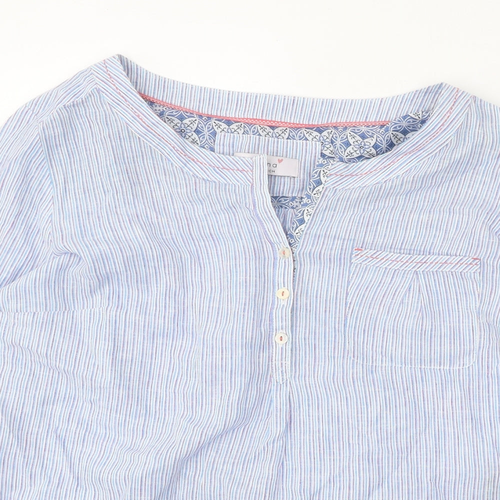 Per Una Womens Blue Floral Linen Basic Blouse Size 12 Boat Neck