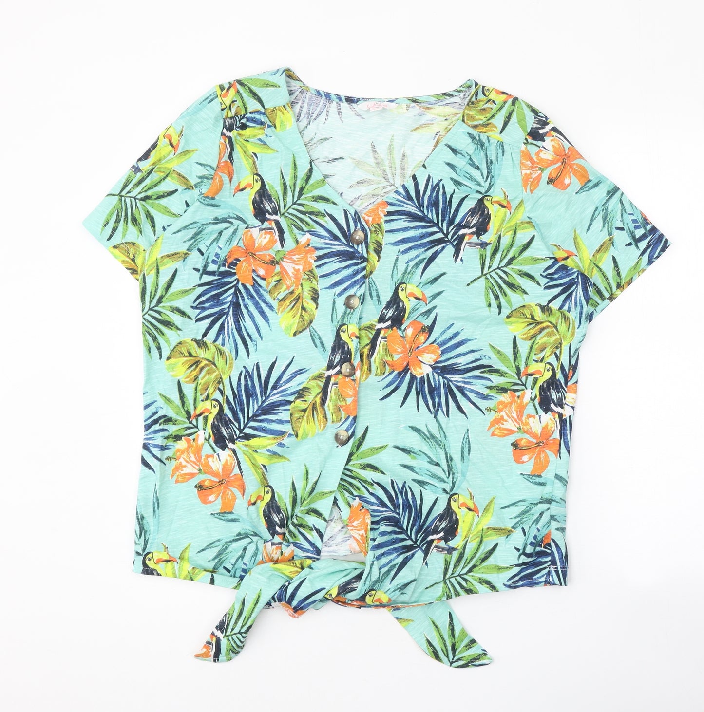 Julipa Womens Blue Floral 100% Cotton Basic Blouse Size 14 V-Neck - Toucan Tie Front