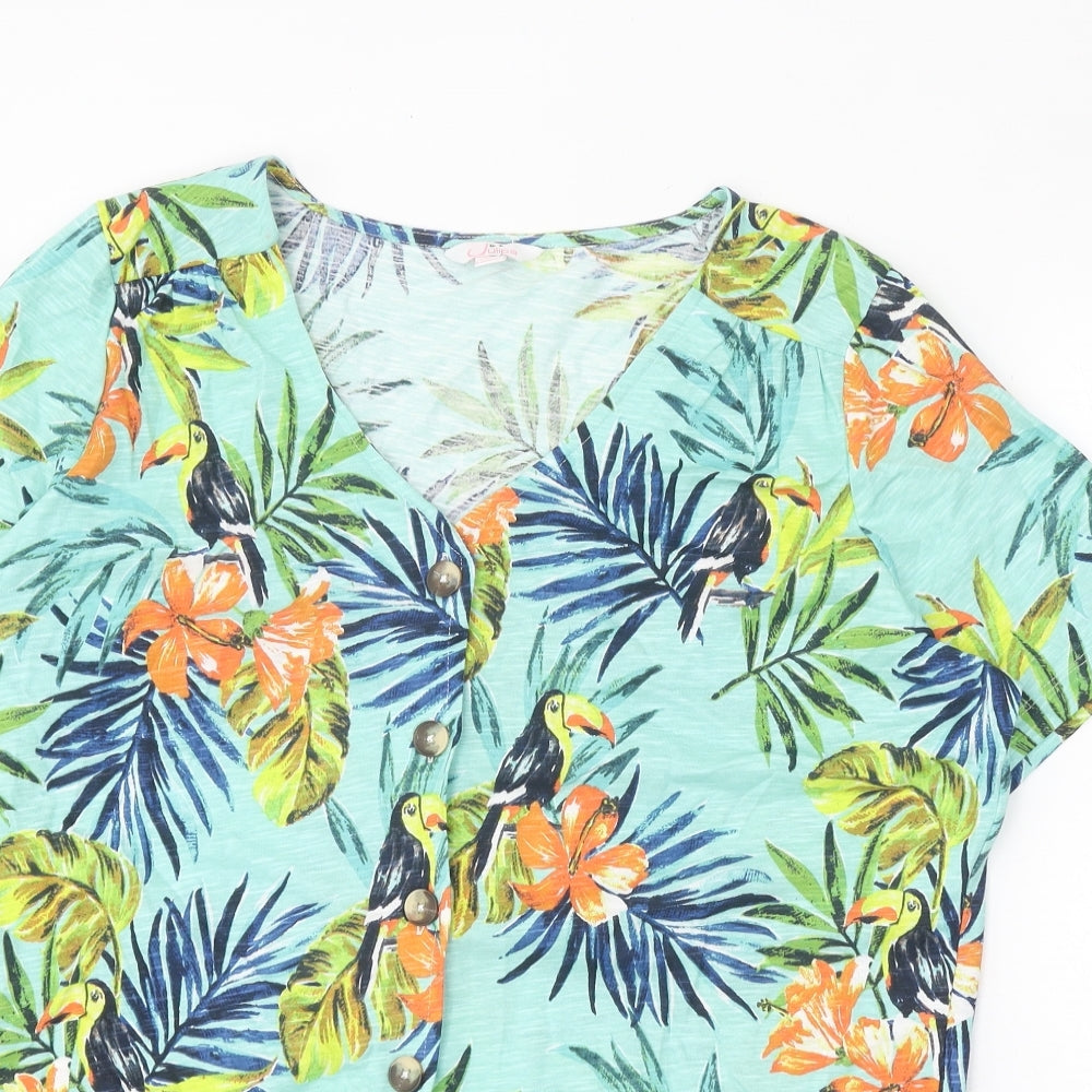 Julipa Womens Blue Floral 100% Cotton Basic Blouse Size 14 V-Neck - Toucan Tie Front