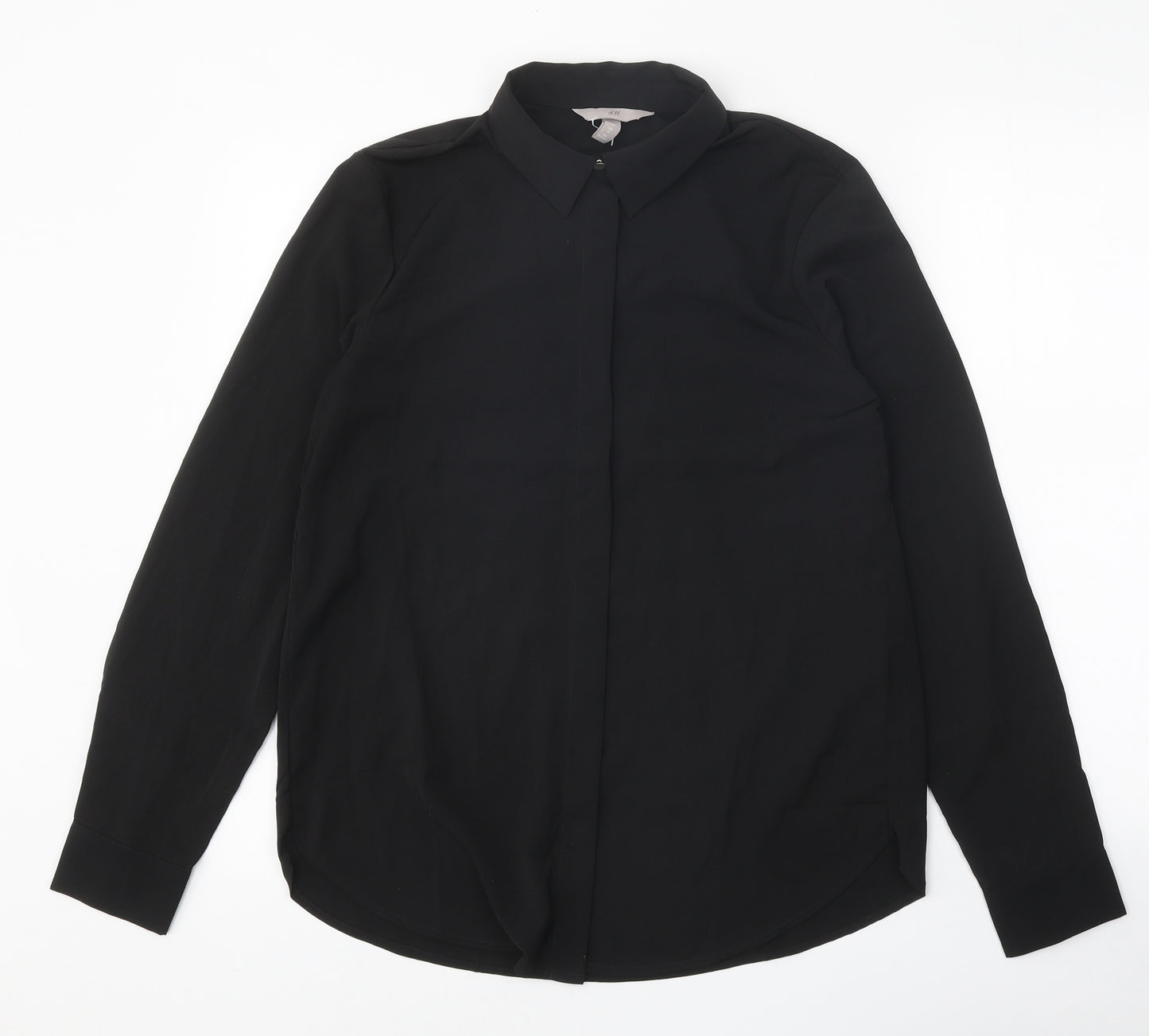 H&M Womens Black Polyester Basic Button-Up Size 8 V-Neck