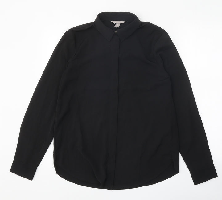H&M Womens Black Polyester Basic Button-Up Size 8 V-Neck