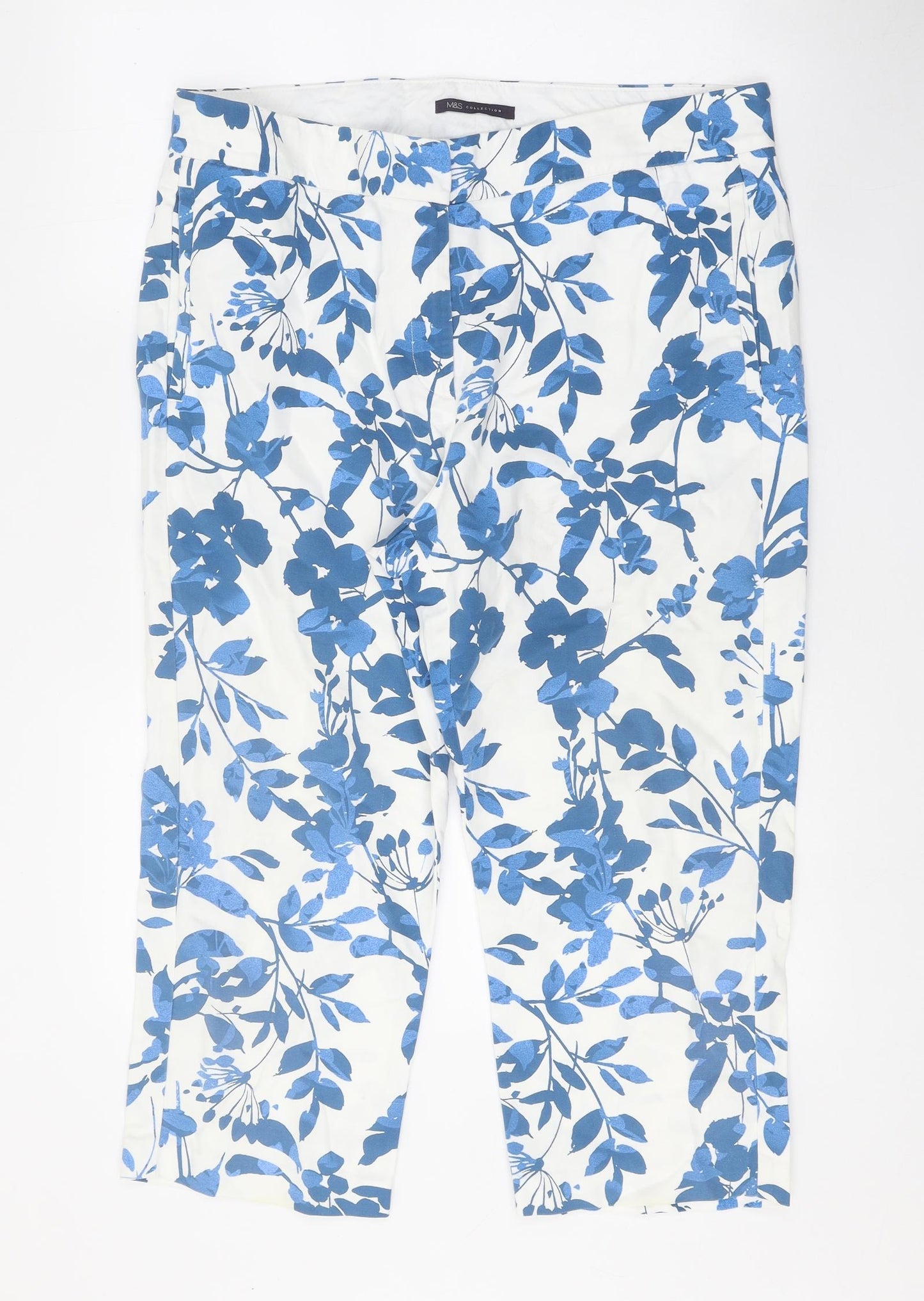 Marks and Spencer Womens White Floral Cotton Trousers Size 16 Regular Zip