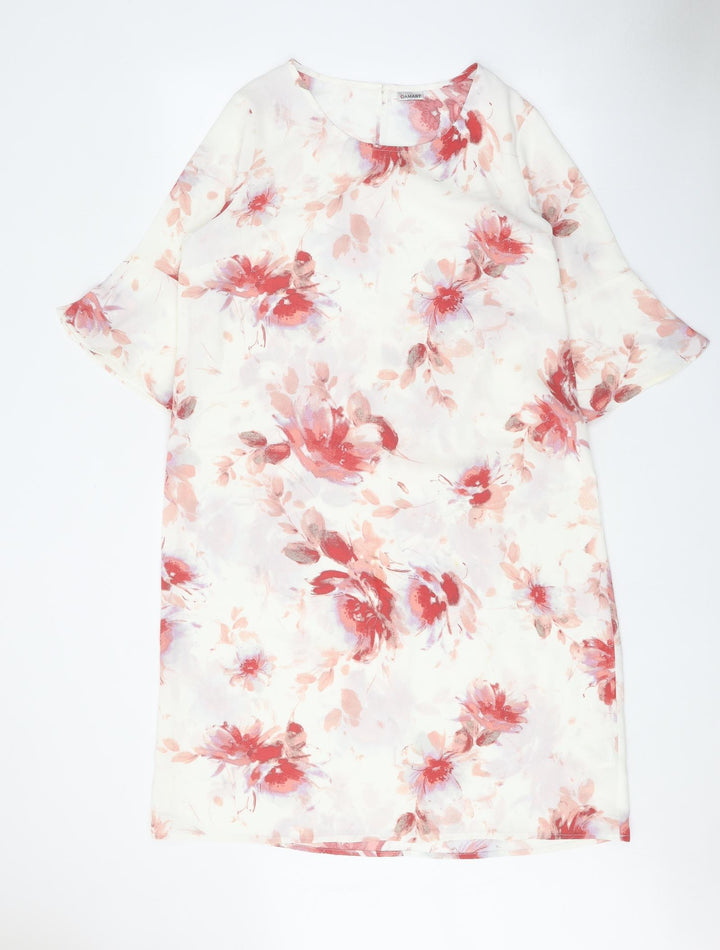 Damart Womens White Floral Polyester Sheath Size 14 Boat Neck Button - Flared Sleeves