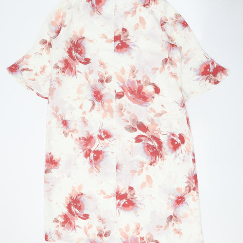 Damart Womens White Floral Polyester Sheath Size 14 Boat Neck Button - Flared Sleeves