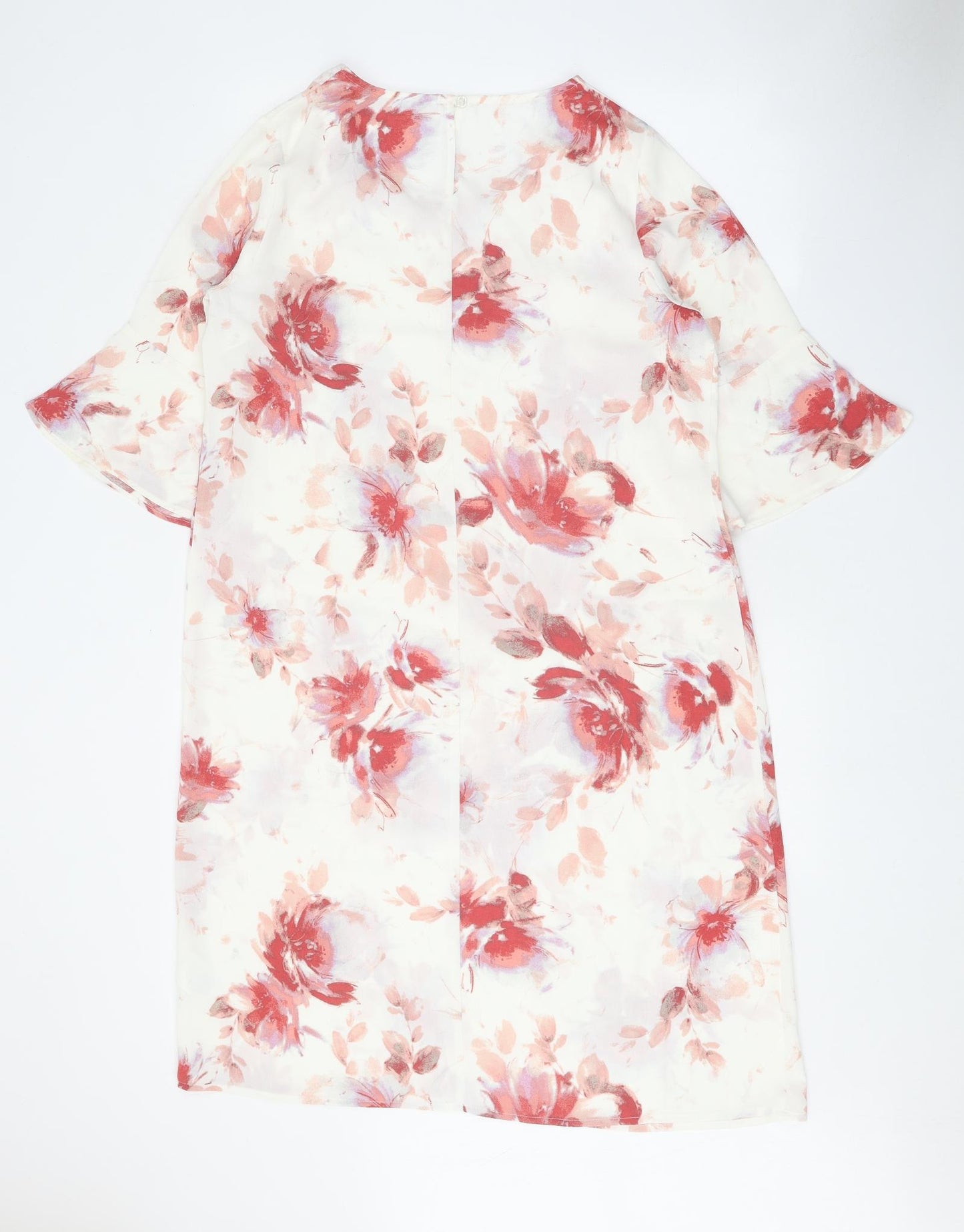 Damart Womens White Floral Polyester Sheath Size 14 Boat Neck Button - Flared Sleeves