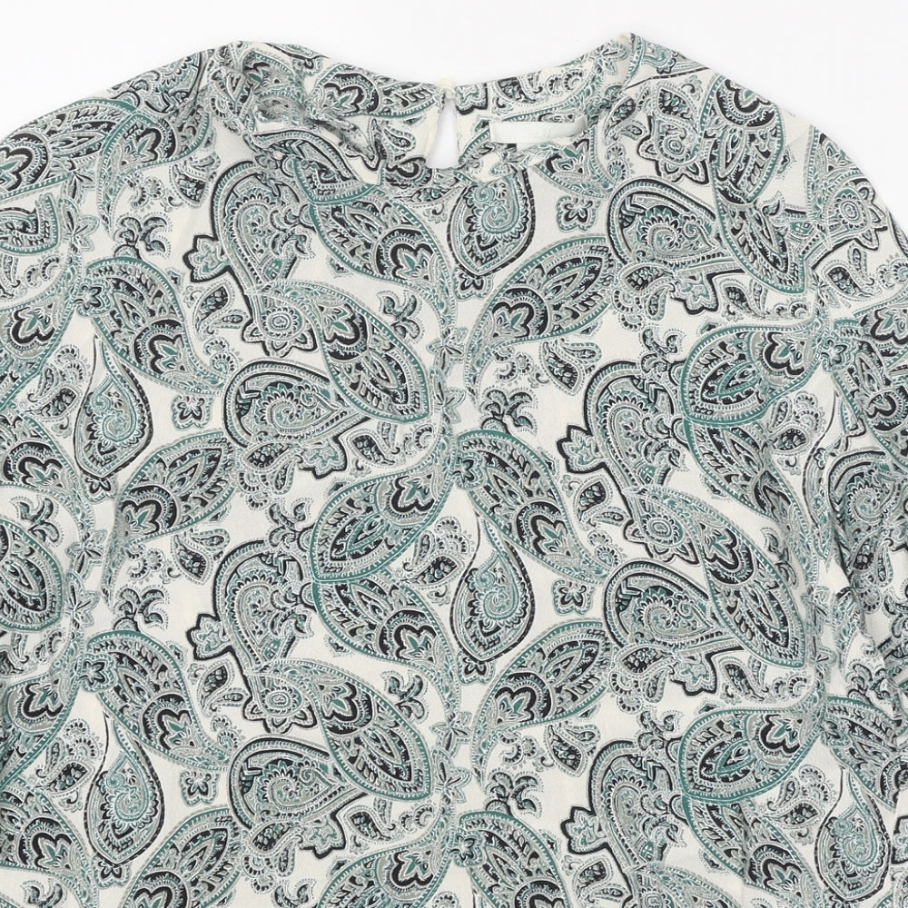 H&M Womens Green Herringbone Viscose Basic Blouse Size 4 Round Neck