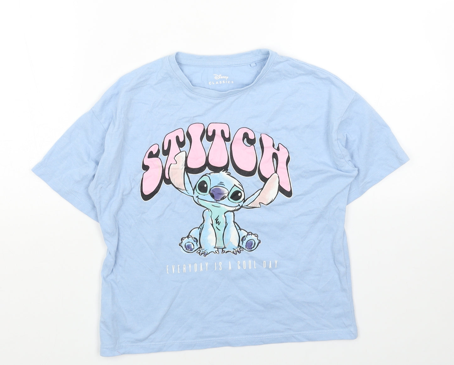 Disney Girls Blue Cotton Basic T-Shirt Size 6-7 Years Round Neck Pullover - Stitch Print