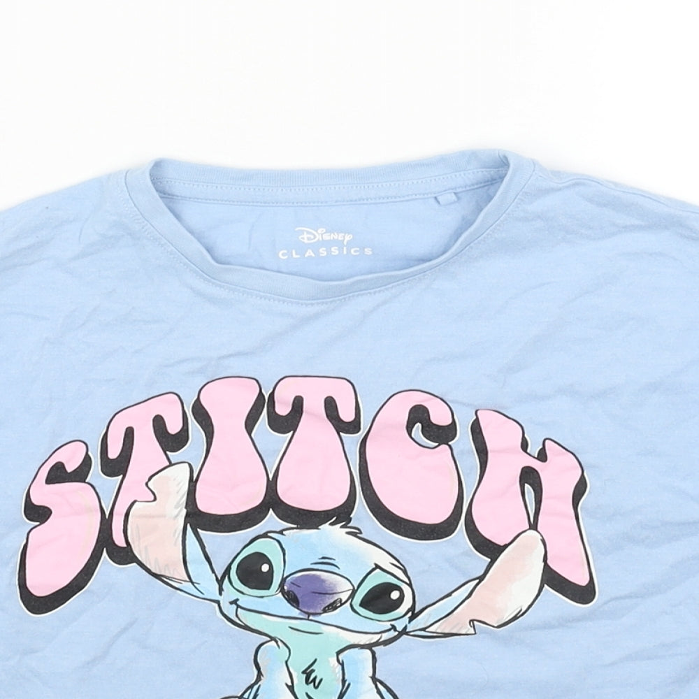 Disney Girls Blue Cotton Basic T-Shirt Size 6-7 Years Round Neck Pullover - Stitch Print