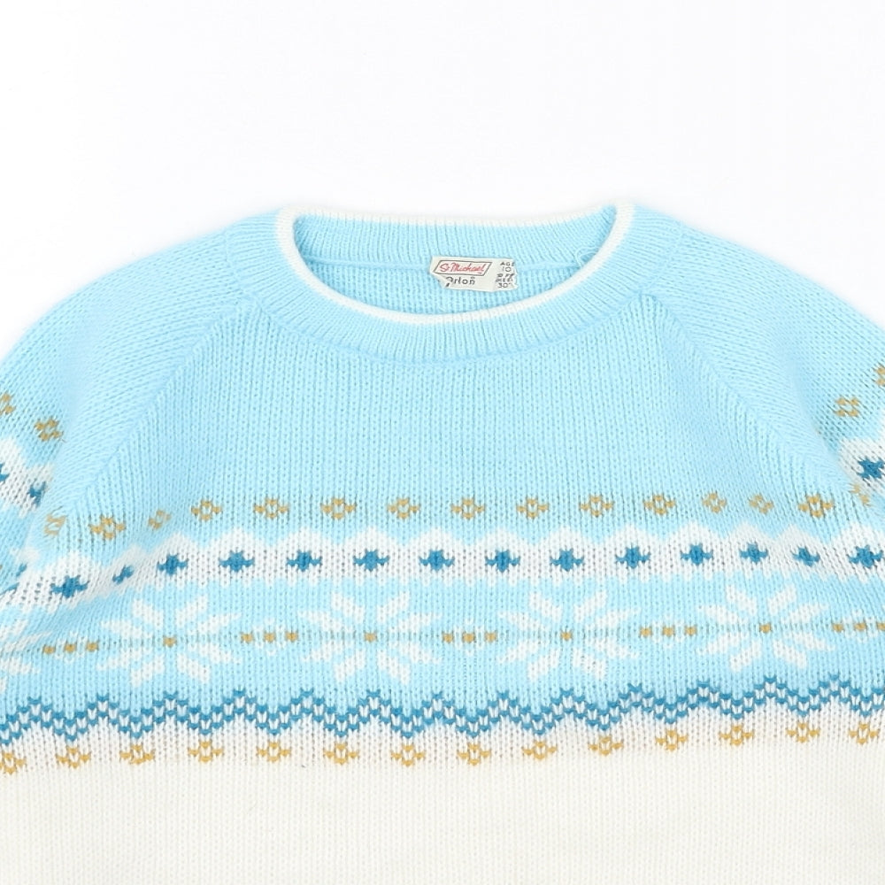 St Michael Girls White Round Neck Fair Isle Acrylic Pullover Jumper Size 10 Years Pullover