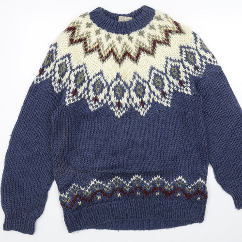 Preworn Womens Blue Round Neck Fair Isle Acrylic Pullover Jumper Size S