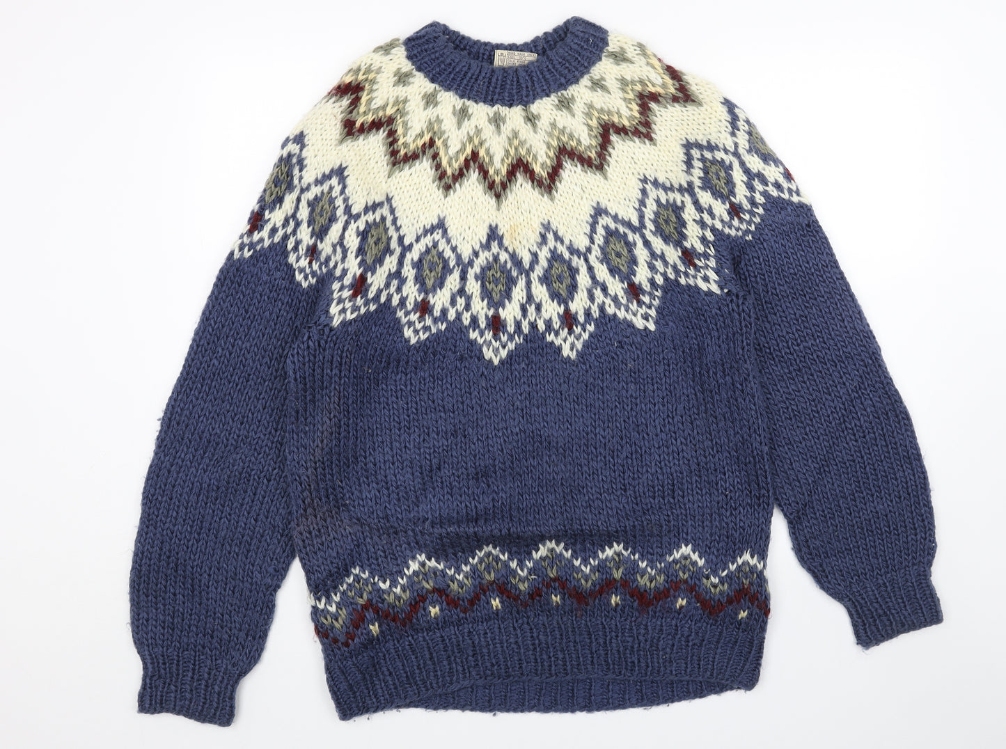 Preworn Womens Blue Round Neck Fair Isle Acrylic Pullover Jumper Size S