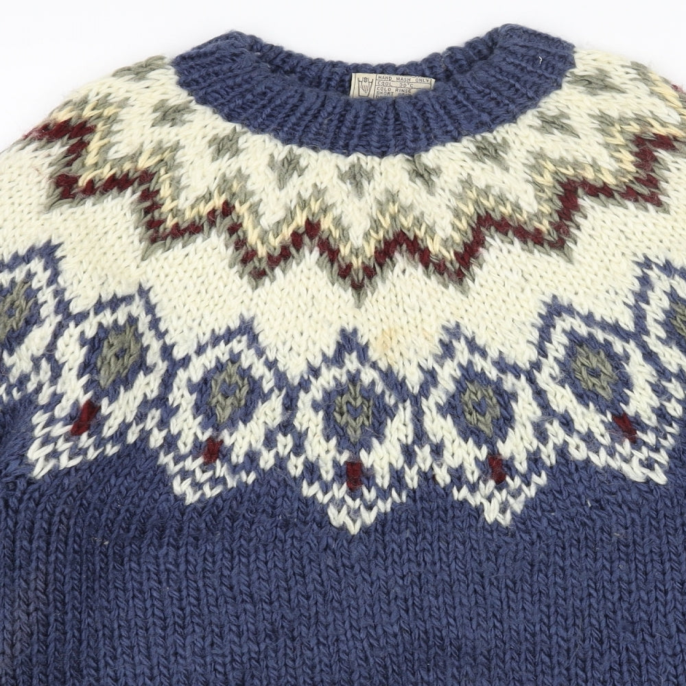 Preworn Womens Blue Round Neck Fair Isle Acrylic Pullover Jumper Size S