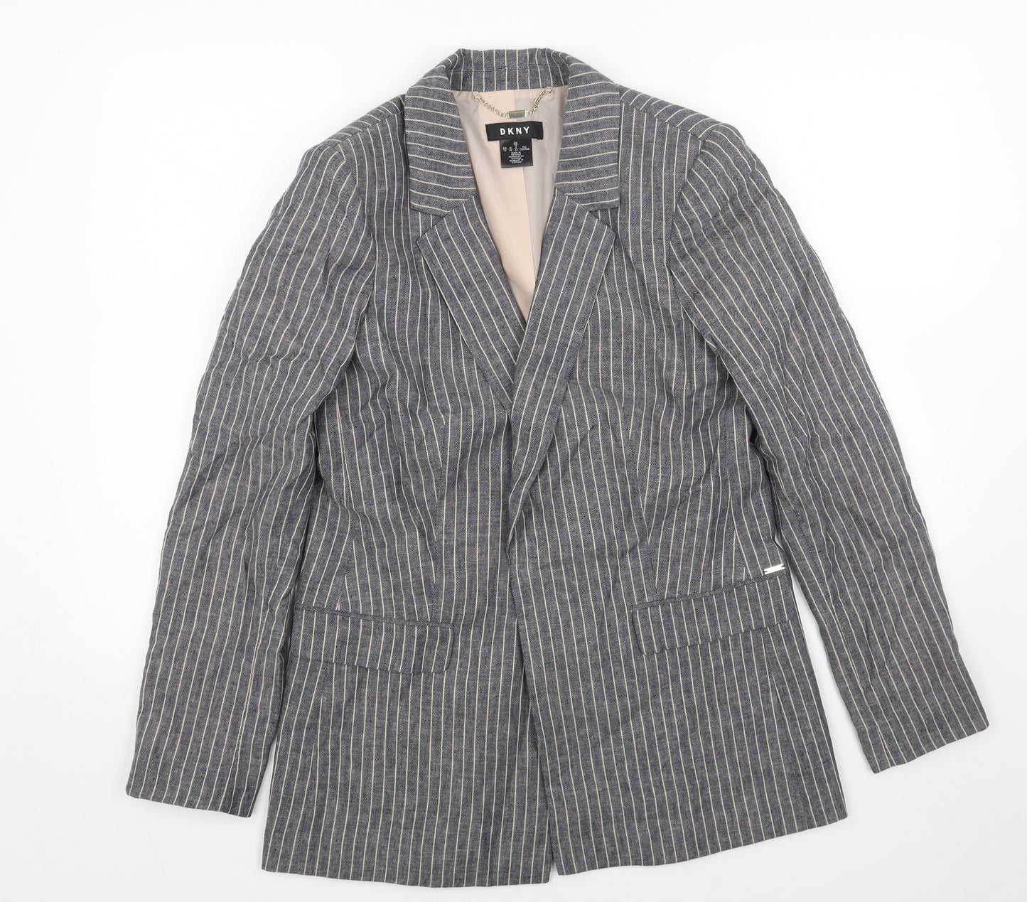 DKNY Womens Blue Striped Linen Jacket Blazer Size 10