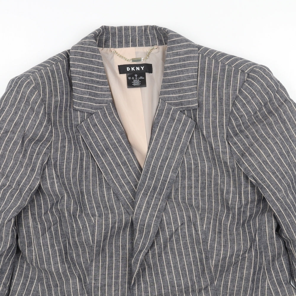 DKNY Womens Blue Striped Linen Jacket Blazer Size 10