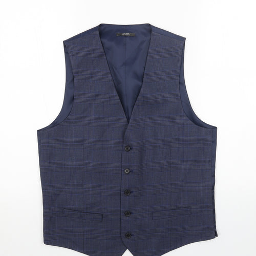 Marks and Spencer Mens Blue Plaid Polyester Jacket Suit Waistcoat Size 38 Regular