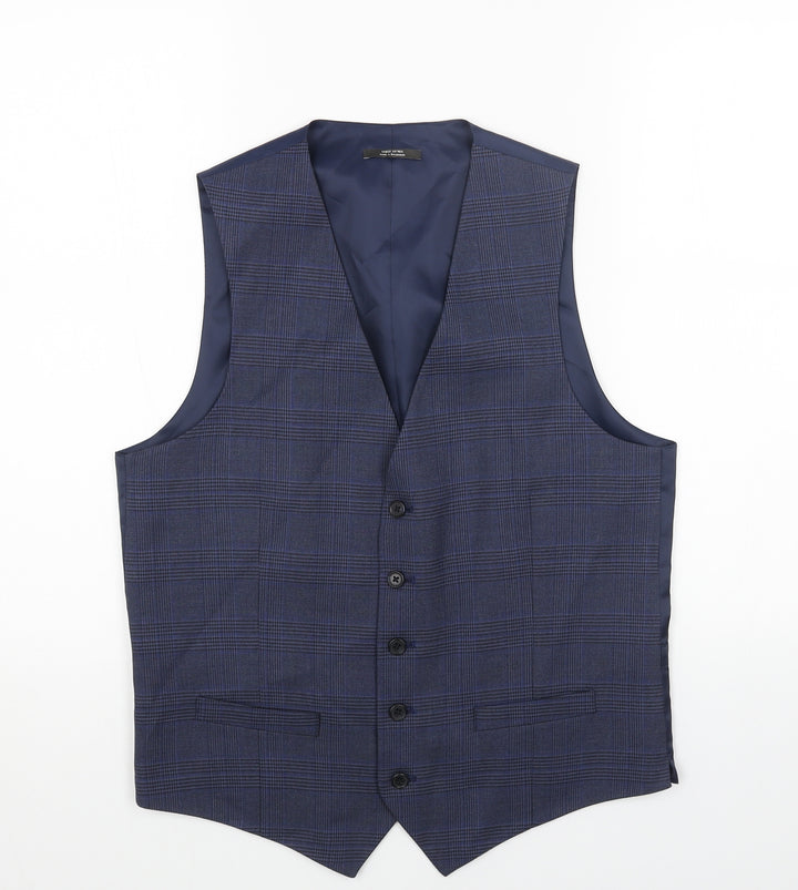 Marks and Spencer Mens Blue Plaid Polyester Jacket Suit Waistcoat Size 38 Regular