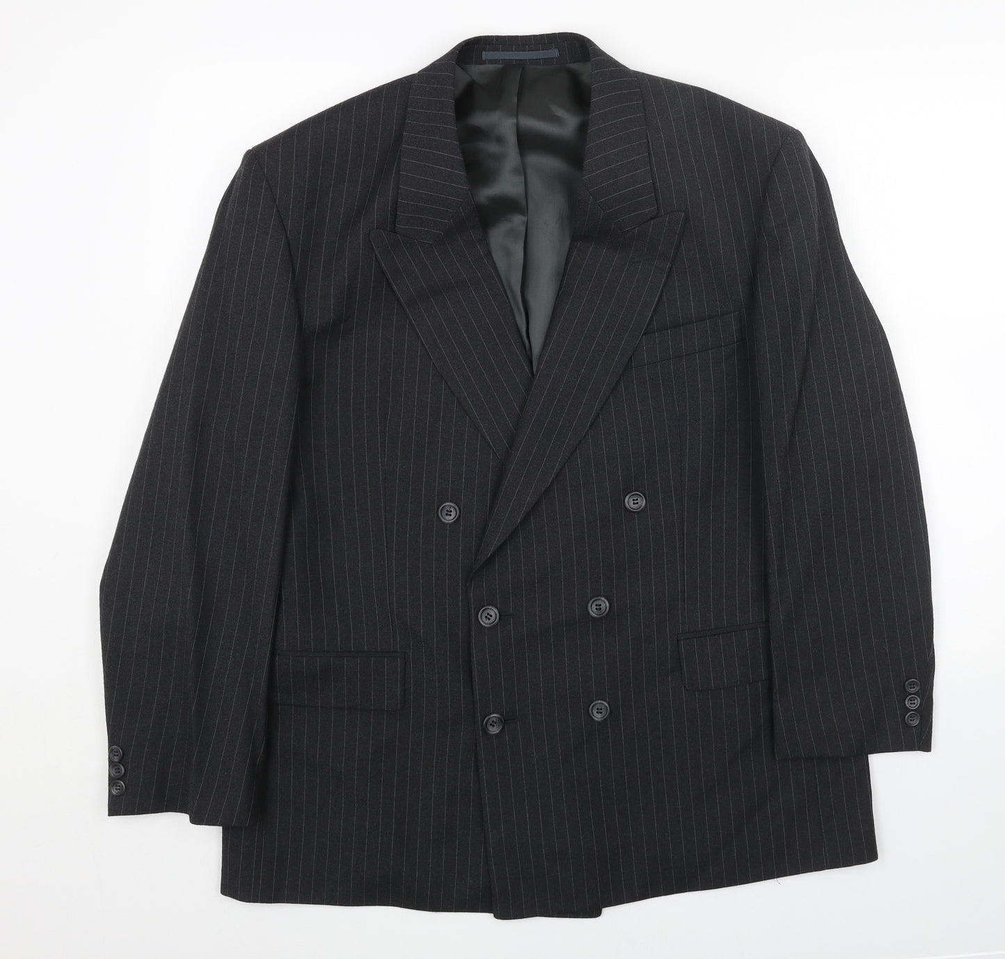 Preworn Mens Black Striped Polyester Jacket Blazer Size 44 Regular