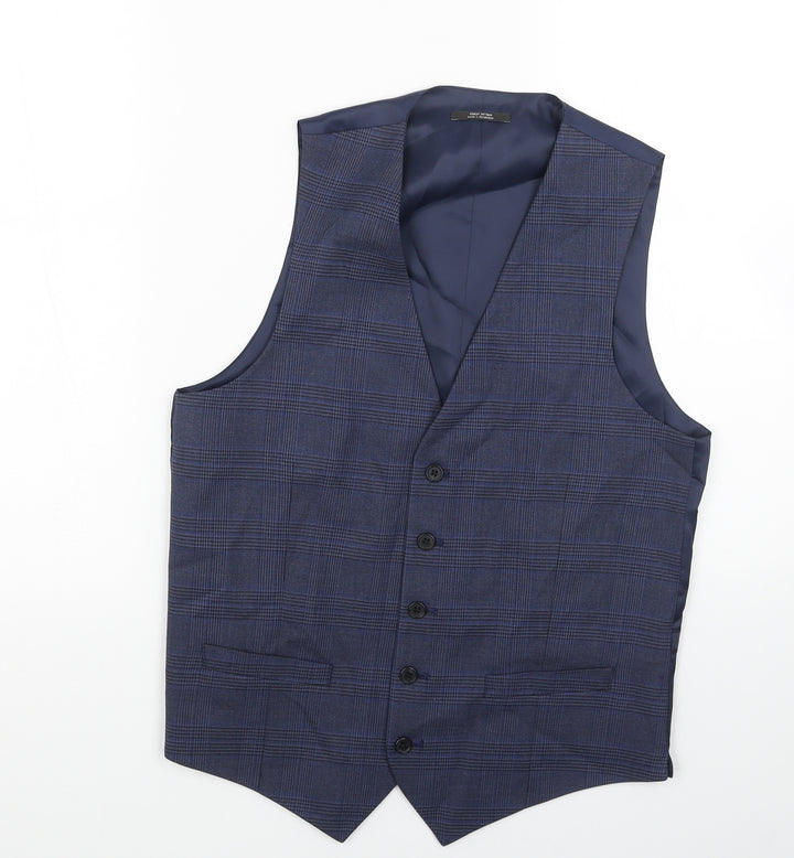 Marks and Spencer Mens Blue Plaid Polyester Jacket Suit Waistcoat Size 36 Regular