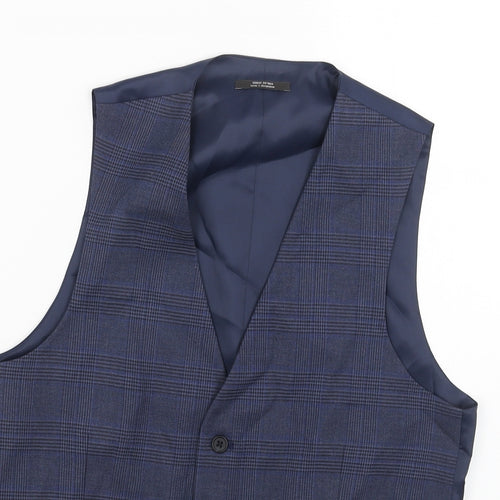 Marks and Spencer Mens Blue Plaid Polyester Jacket Suit Waistcoat Size 36 Regular