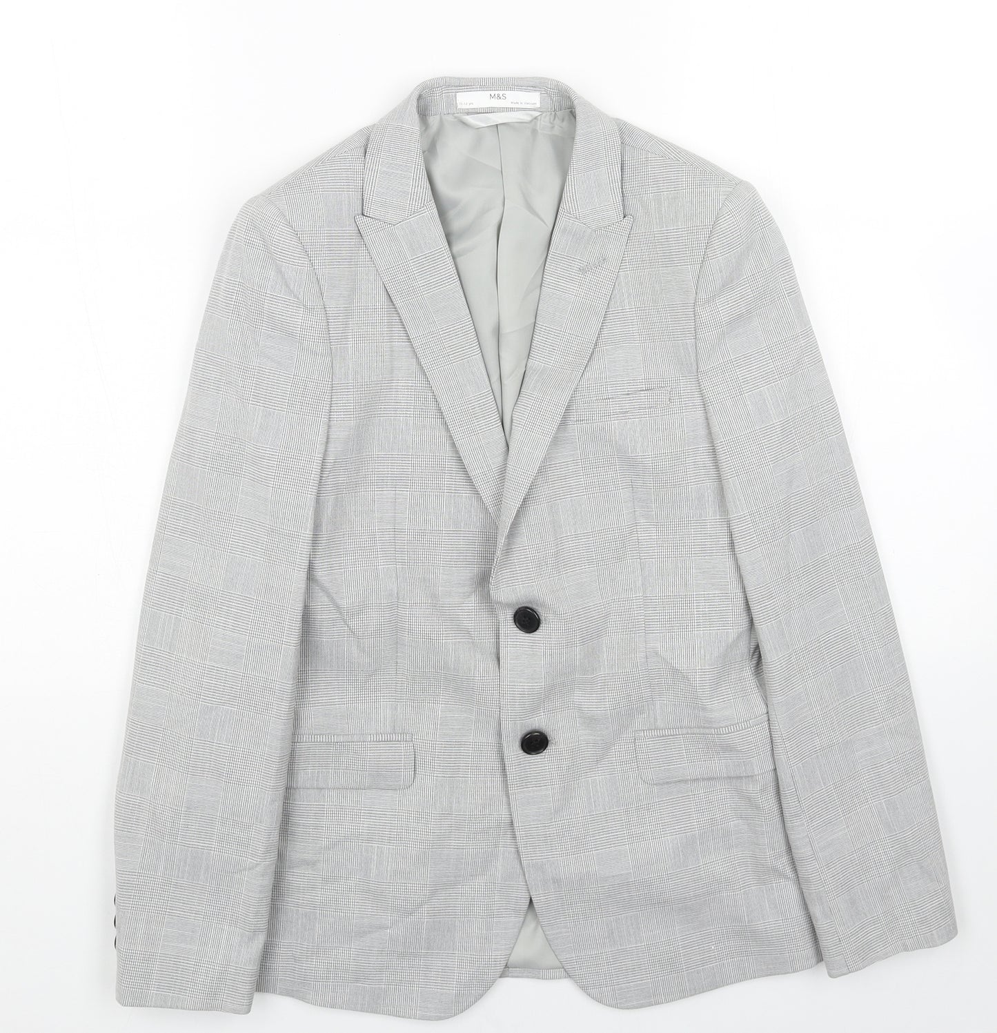 Marks and Spencer Boys Grey Plaid Jacket Blazer Size 11-12 Years Button