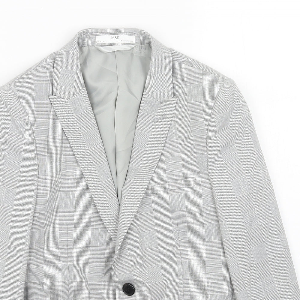 Marks and Spencer Boys Grey Plaid Jacket Blazer Size 11-12 Years Button