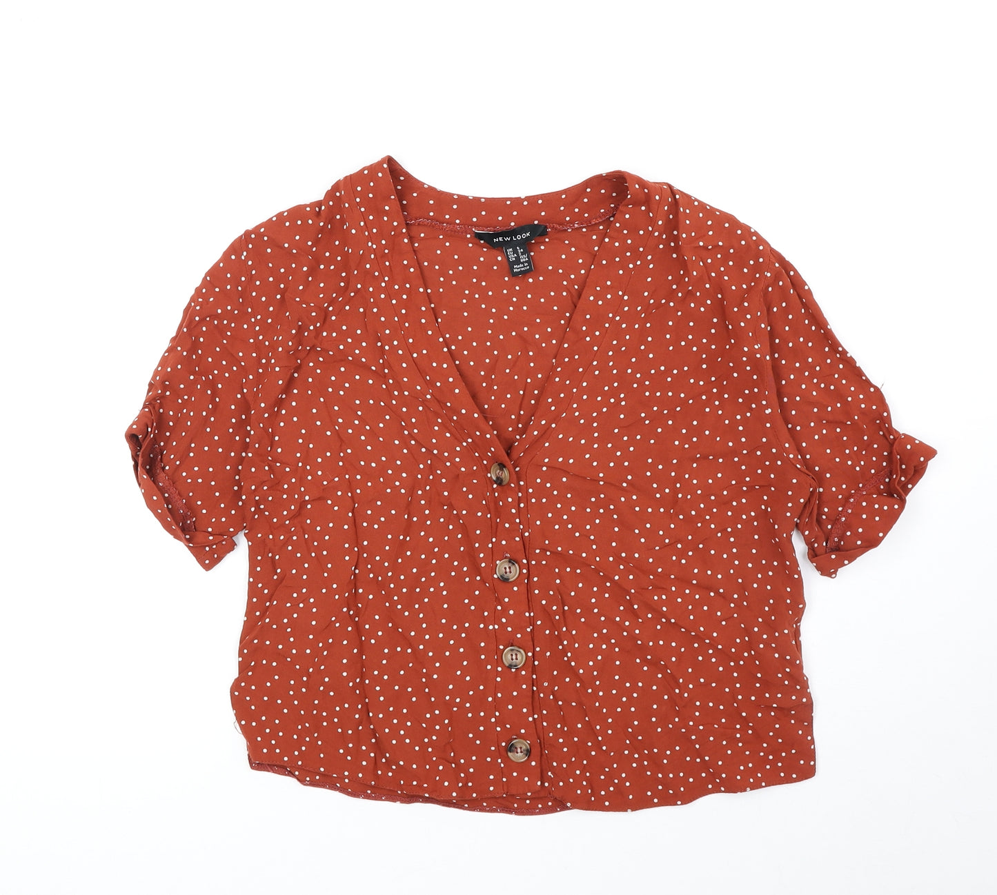 New Look Womens Brown Geometric Viscose Basic Button-Up Size 6 V-Neck