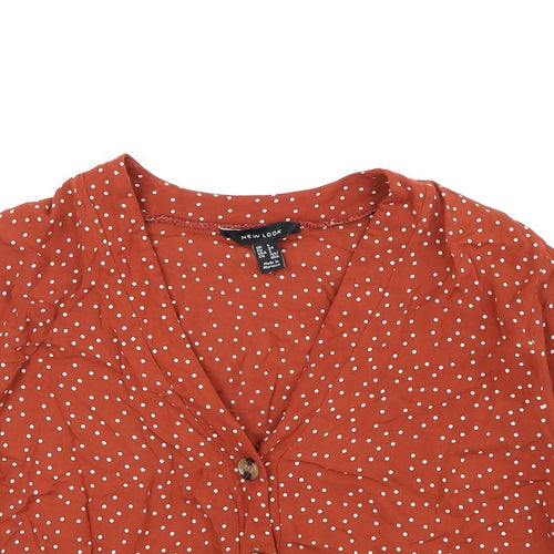 New Look Womens Brown Geometric Viscose Basic Button-Up Size 6 V-Neck