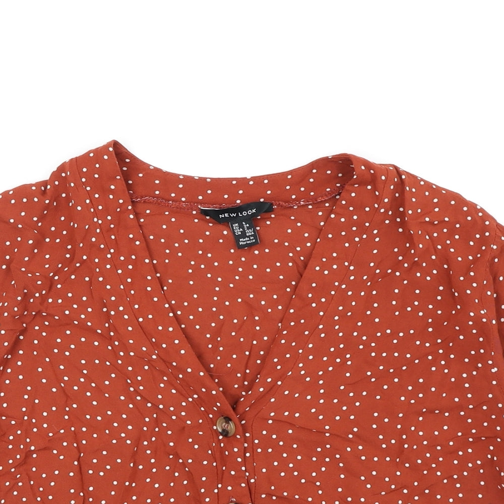 New Look Womens Brown Geometric Viscose Basic Button-Up Size 6 V-Neck