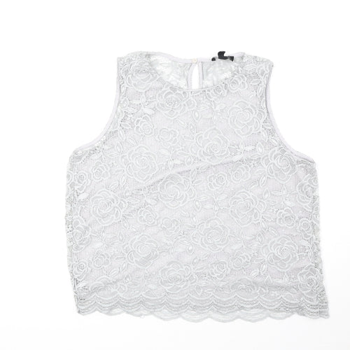 New Look Womens Grey Floral Polyester Basic Tank Size 8 Round Neck - Lace Overlay