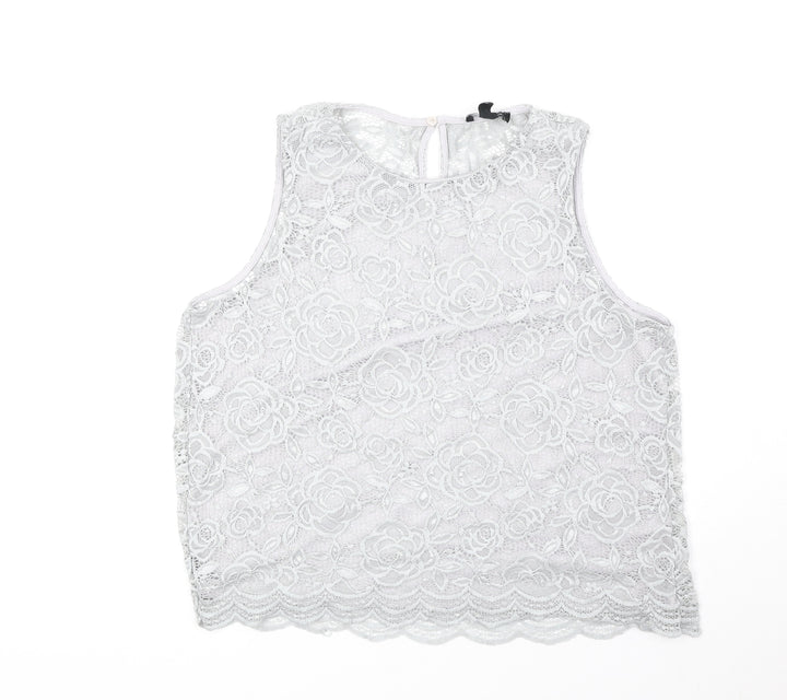 New Look Womens Grey Floral Polyester Basic Tank Size 8 Round Neck - Lace Overlay