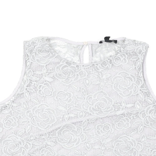 New Look Womens Grey Floral Polyester Basic Tank Size 8 Round Neck - Lace Overlay