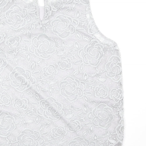 New Look Womens Grey Floral Polyester Basic Tank Size 8 Round Neck - Lace Overlay