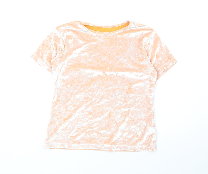 Marks and Spencer Girls Orange Polyester Basic T-Shirt Size 9-10 Years Round Neck Pullover