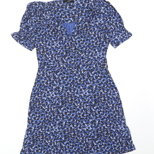 NEXT Womens Blue Animal Print Viscose Fit & Flare Size 10 V-Neck Pullover - Leopard Print